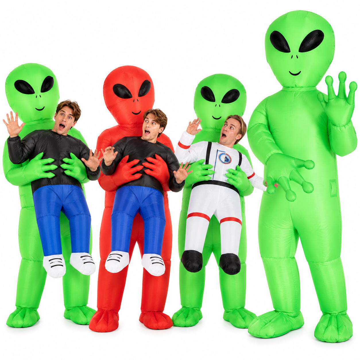 Several friends each wearing a different inflatable green alien costume
