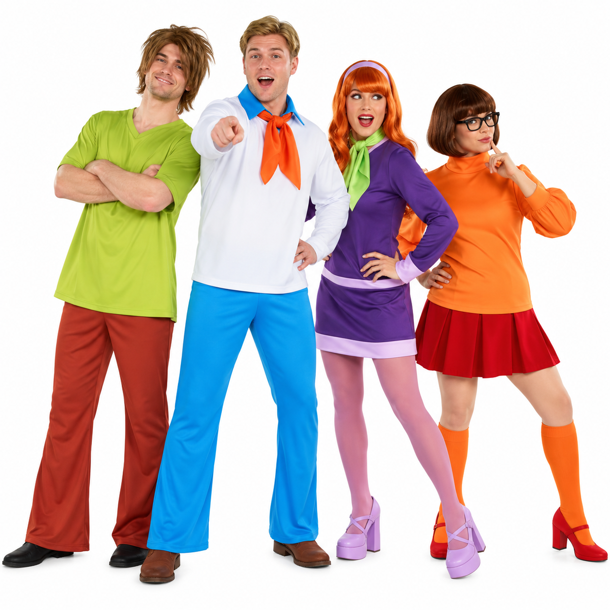 Four friends in a cartoon mystery-solving gang look, one in a neck scarf, one in a green shirt, one in a purple dress, one in an orange jumper with glasses