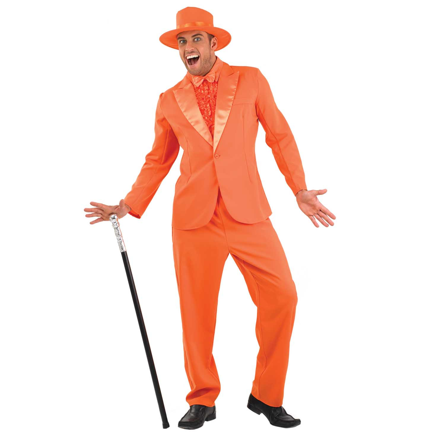 90s orange suit costume with top hat and bow tie