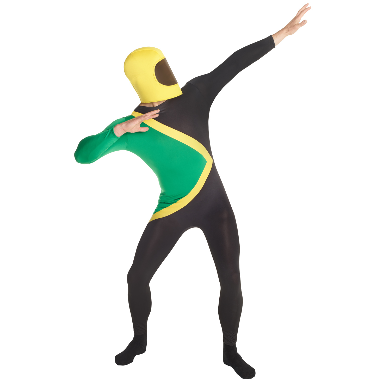 Jamaican Bobsleigh Team Morphsuit black, green and yellow full-body suit with helmet