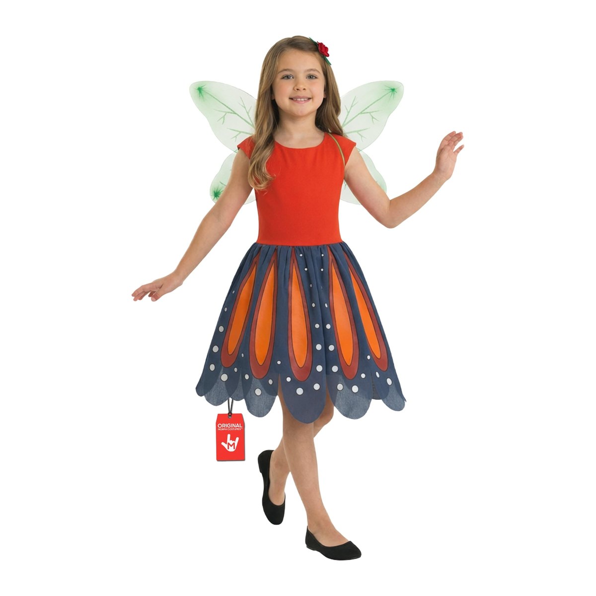 Girl in a red bodice dress with a navy petal-hem skirt with orange panels, green fairy wings, and a small red flower hairclip