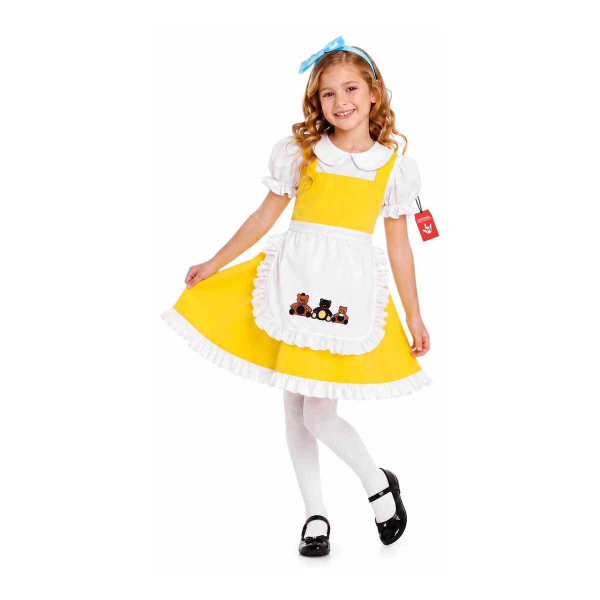 Girl in a yellow dress with a white ruffled apron showing three small teddy bears and a blue bow headband