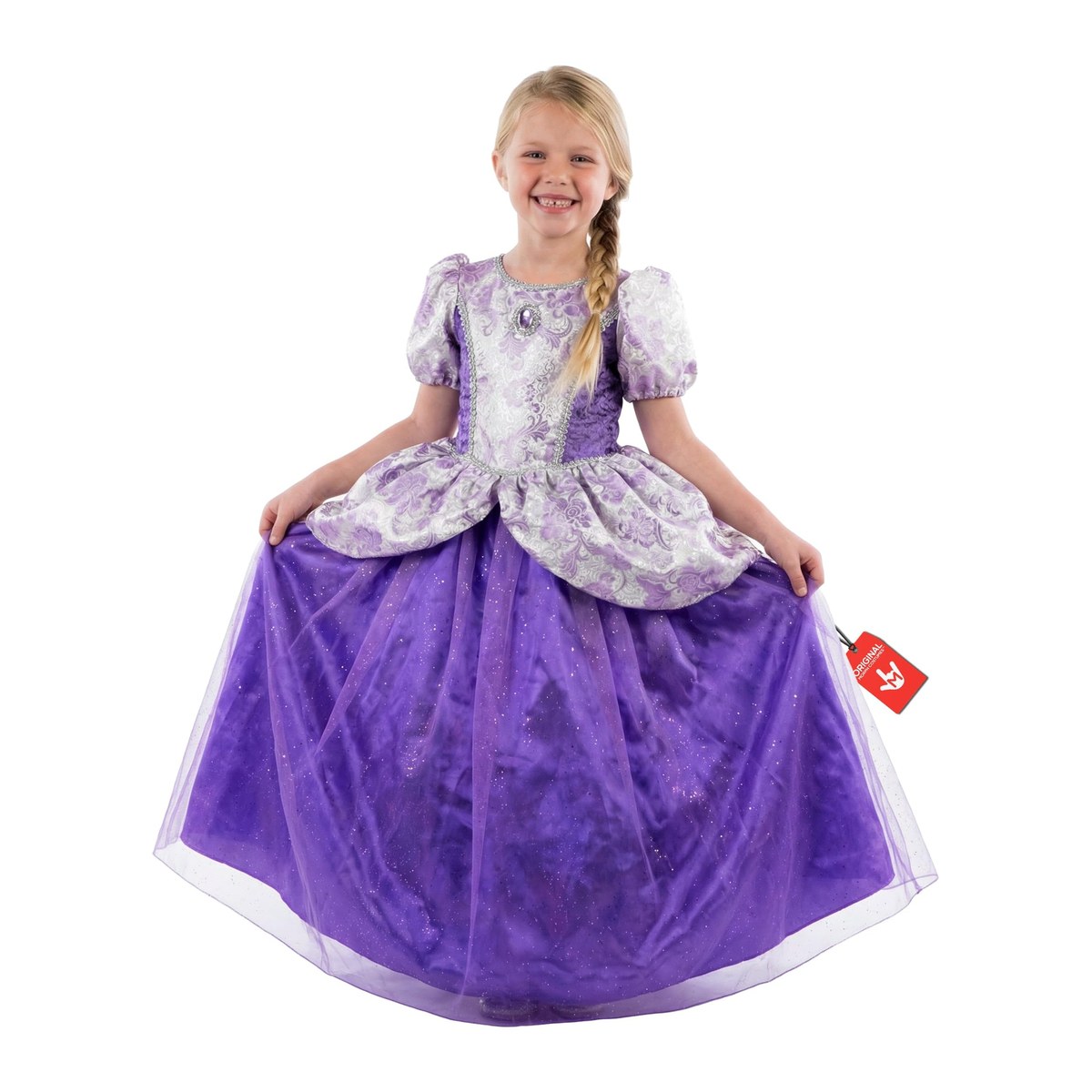 Girl in a floor-length purple ball gown with a patterned bodice, puffed sleeves, and a full skirt