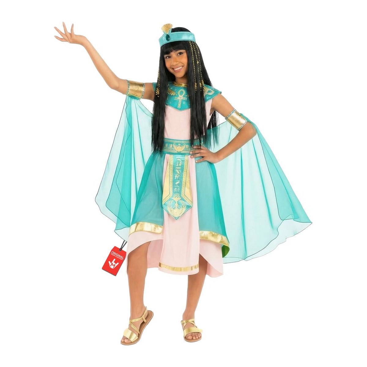 Girl in an Egyptian princess costume with a pink dress, sheer teal sleeves, a teal and gold collar, arm cuffs, and a jeweled headpiece