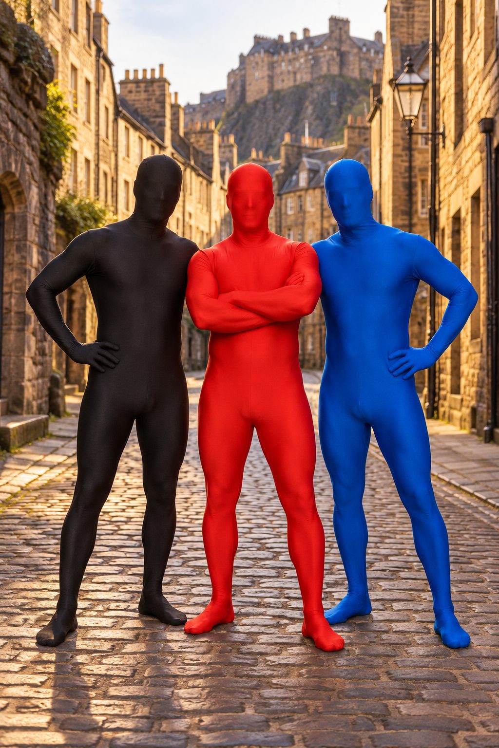 Three Morphsuit characters in red, blue and black on an Edinburgh street