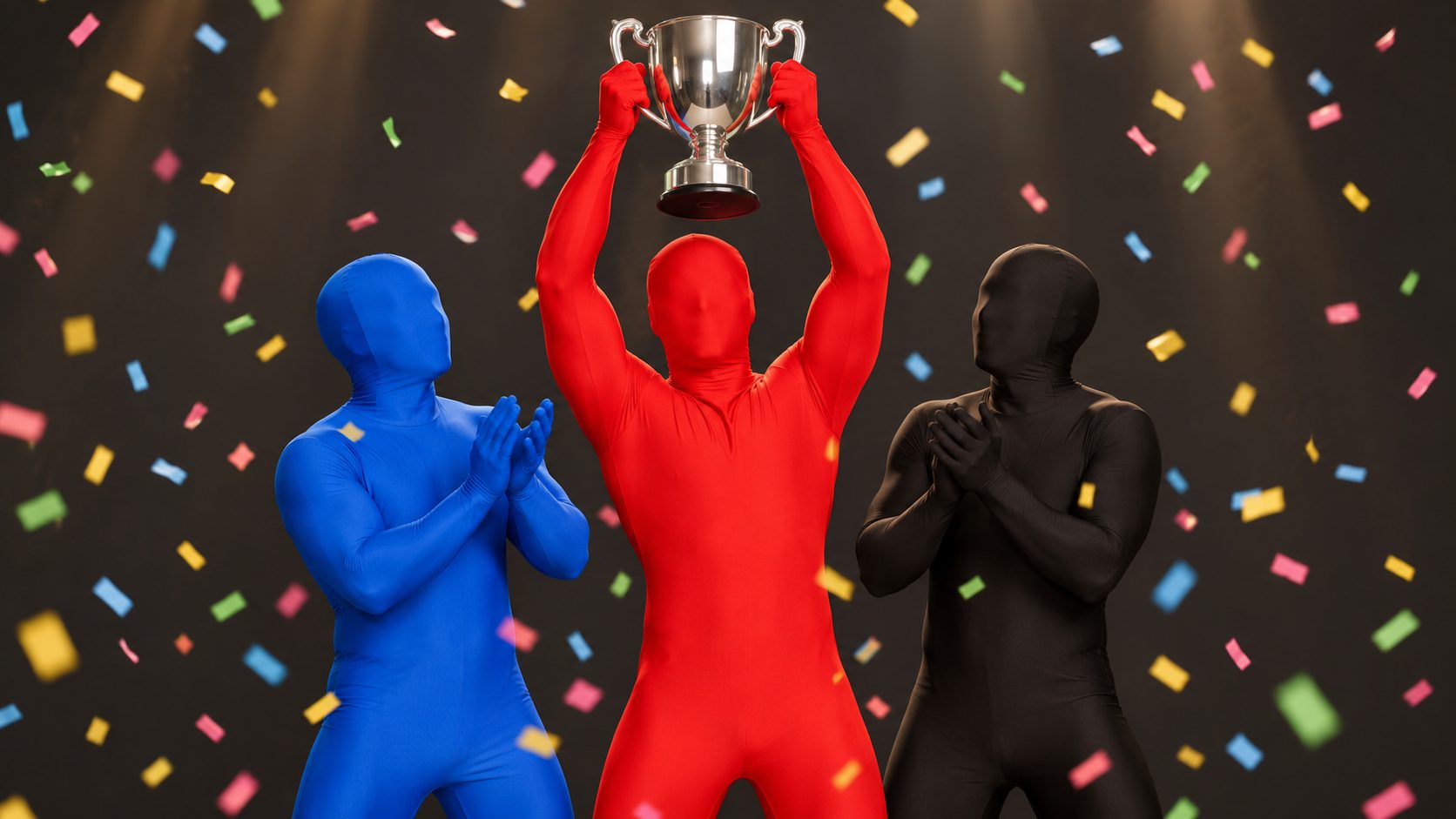 A red Morphsuit character holds up a trophy while a blue and a black Morphsuit character clap