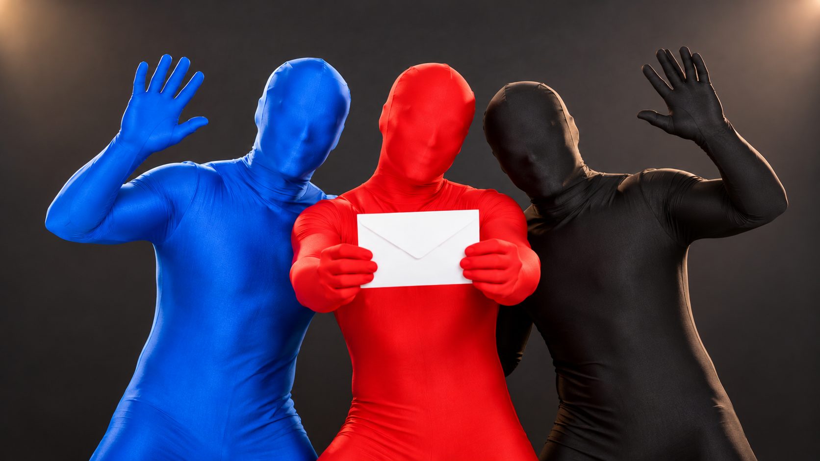 A red Morphsuit character holding a plain envelope while a blue and a black Morphsuit character wave