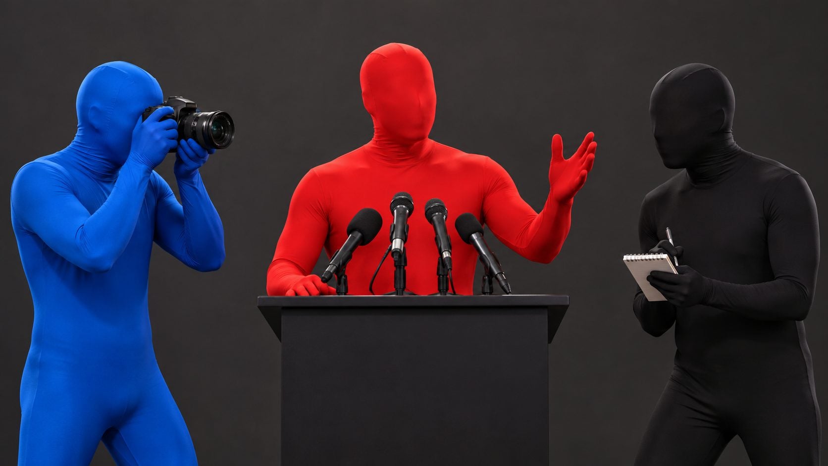 A red Morphsuit character speaks into a bank of microphones while a blue and a black Morphsuit character hold cameras