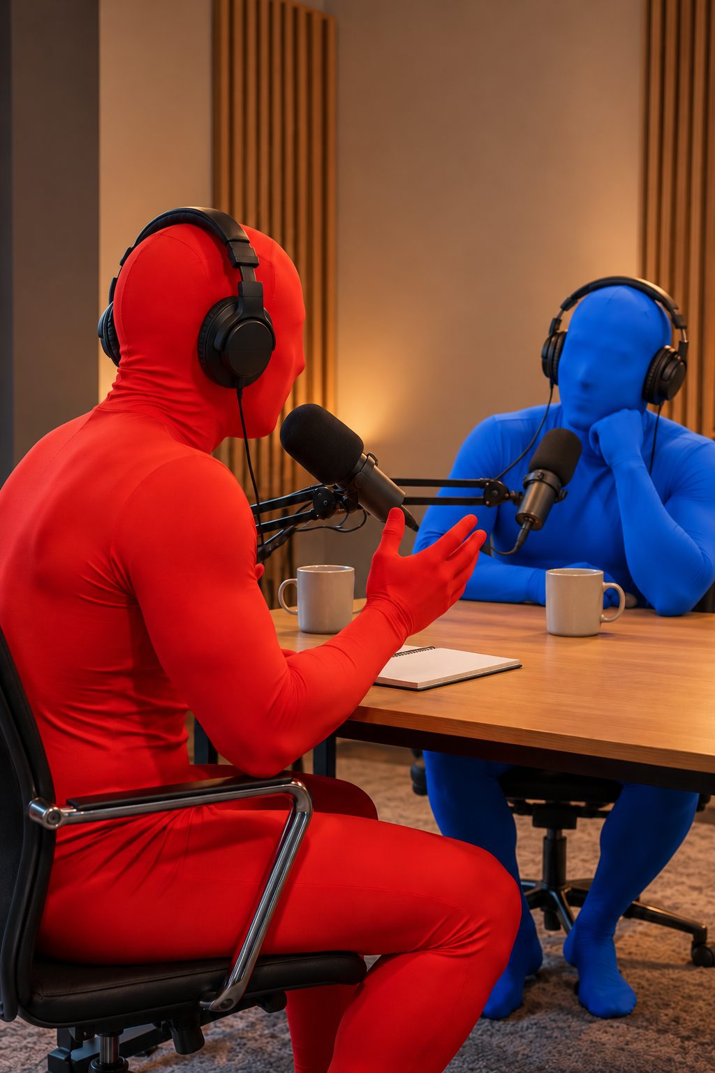 A red Morphsuit character in headphones at a podcast microphone, a blue Morphsuit character across the desk